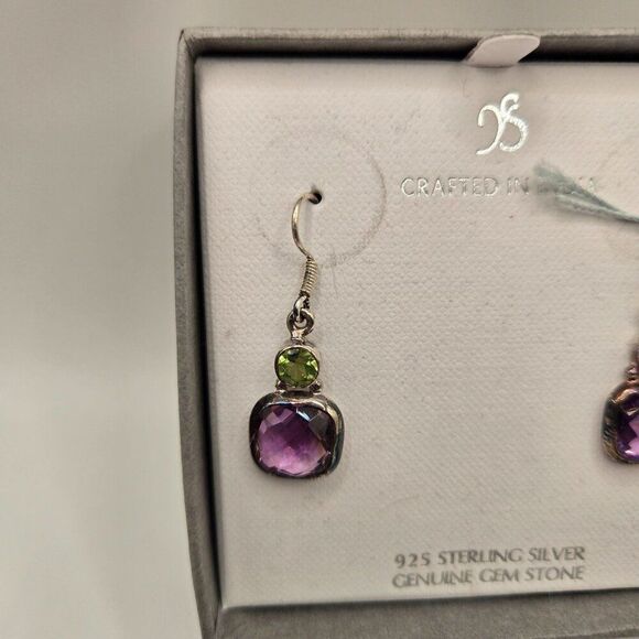New 925 Sterling Silver Peridot Amethyst Earrings Dangle - Picture 2 of 5